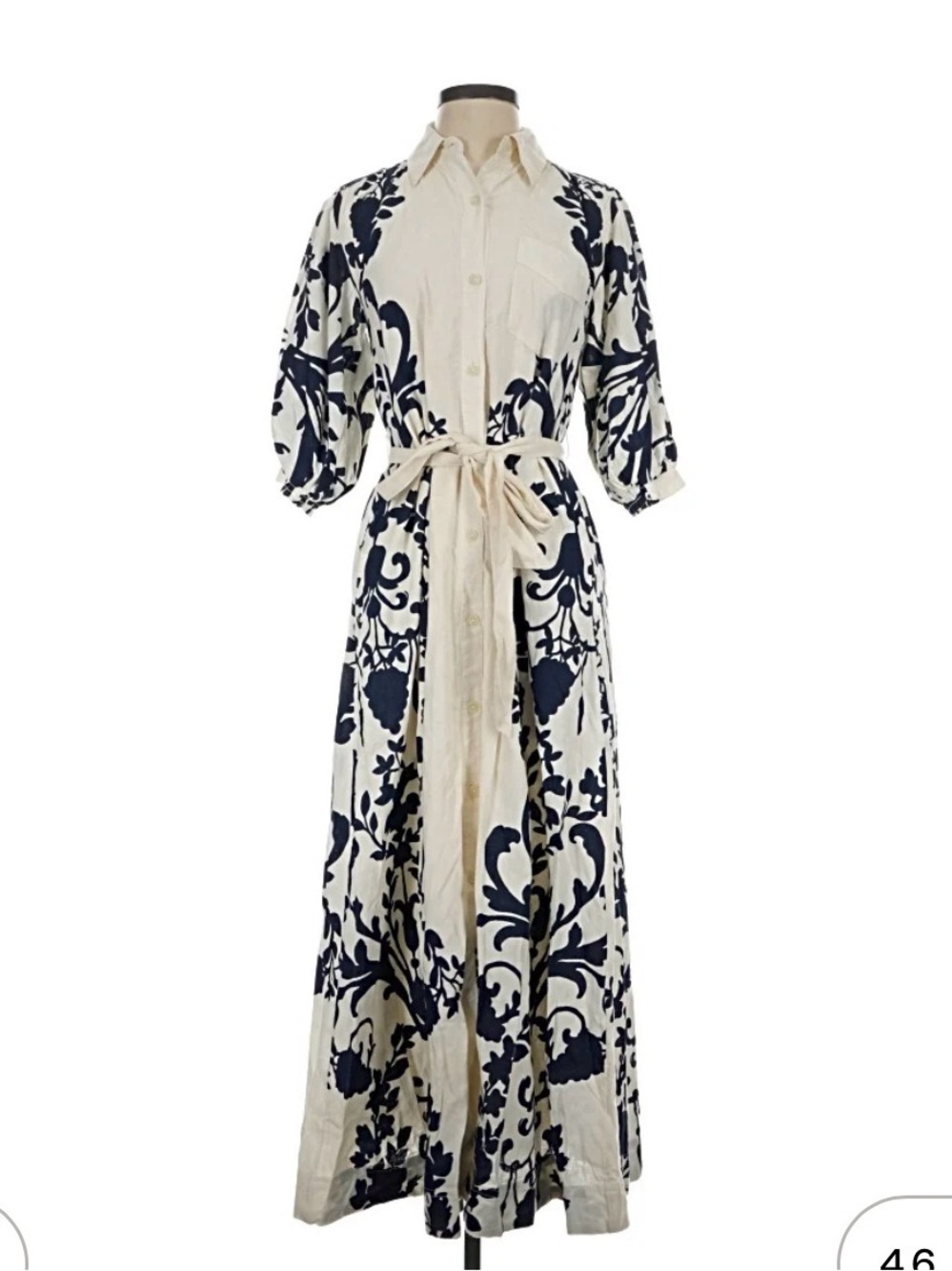 Maeve Cream and Navy Floral Button-Front Maxi Dress with Waist Tie